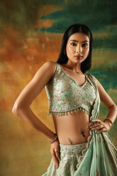 Sea green tissue jacquard lehenga choli for weddings and festivals